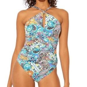 Bleu Rod Beattie Floral Paisley Print One Piece Swimwear NWT Sz 6 Blue